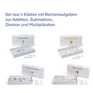 4 Kästen mit Rechenaufgaben zur Addition, Subtraktion, Division und Multiplikation