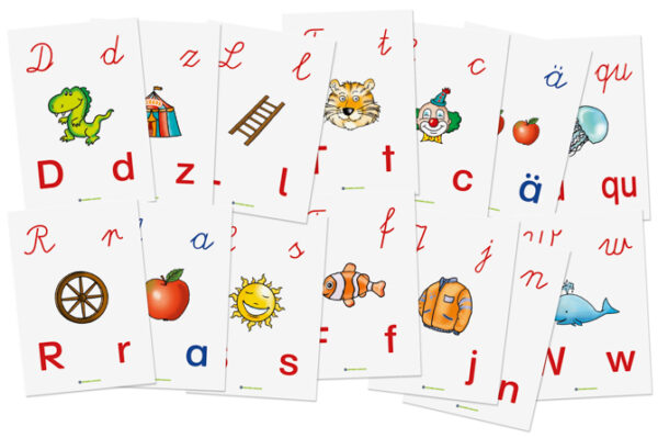 Große ABC Lernkarten mit Buchstaben, Anlauten und Zeichnungen, 37 Stück aus Karton