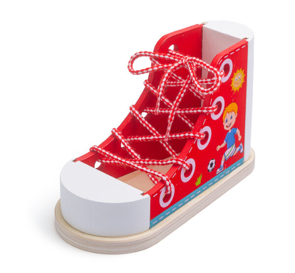 Holzschuh zum Schuhe binden lernen