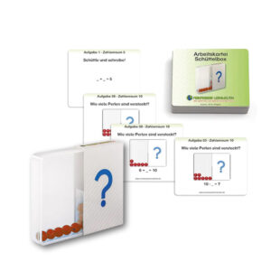 Schüttelbox mit 20 roten Perlen, Kartonschuber und Arbeitskartei