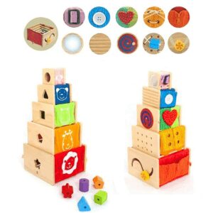 Stapeltürme - Verschlüsse üben, Fädeln lernen, Schleifen binden