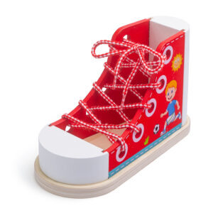 Holzschuh zum Schuhe binden lernen