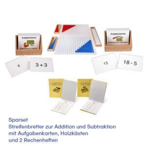 Sparset Streifenbretter zur Addition und Subtraktion mit Aufgabenkarten, Holzkästen und 2 Rechenheften