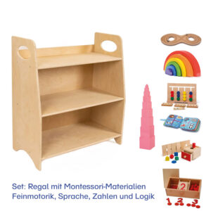 Regal mit Montessori-Materialien zur Feinmotorik, Sprache, Zahlen und Logik