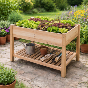 Hochbeet aus Holz mit Ablagefläche